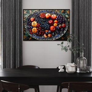 Modern Dining Room Wall Art, Fruit Platter Stained Glass Style Painting Canvas PRINT, Fruit Art Kitchen Decor Framed Ready To Hang