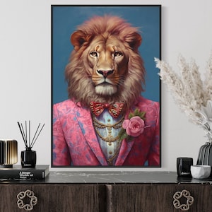 Lion Fashion Painting - Preppy Wall Art - Trendy Lion Art Print - Lion In Pink Suit Art - Girls Room Decor - Gift For Tweens