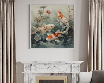 Koi Fish Wall Art - Colorful Koi in The Pond Square Painting Canvas Print - Zenn Art, Japanese Wall Decor, Framed, Unframed, Ready To Hang