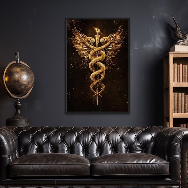 Caduceus Wall Art Medical Symbol Two Snakes Wings Gold Black Painting Canvas Print, Doctors Office Decor Framed Ready To Hang