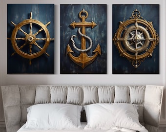 Nautical Wall Art Set of Three Maritime Prints - Navy Blue Gold Coastal Decor - Painting of Anchor, Compass, Helm Canvas Print Ready To Hang