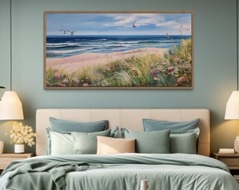 Colorful Beach With Seagulls And Grass Painting Canvas Print - Coastal Beach House Wall Art Framed Unframed Ready To Hang