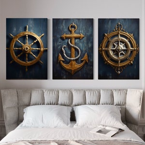 Conjunto de arte de pared náutica de tres impresiones marítimas - Decoración costera de oro azul marino - Pintura de ancla, brújula, timón Impresión de lienzo listo para colgar