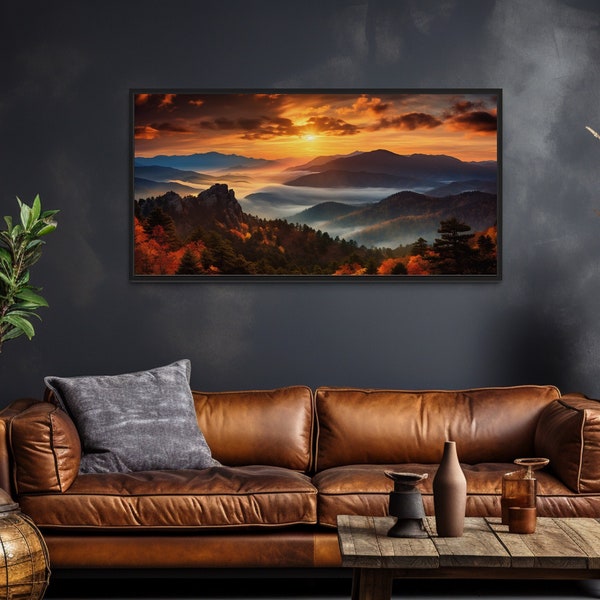 Appalachian Mountains Sunset Photo Style Painting Canvas Print, USA Landscape Wall Art Framed, Unframed, Ready To Hang