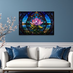 Lotus Flower Wall Art - Yoga Studio Decor,  Stained Glass Style Meditation Wall Art  - Zen Wall Decor, Ready To Hang