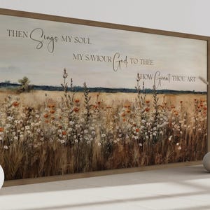 Christian Wall Art - How Great Thou Art Quote Over Meadow Flowers Canvas Print, Rustic Faith Wall Decor For Living Room Framed Ready To Hang