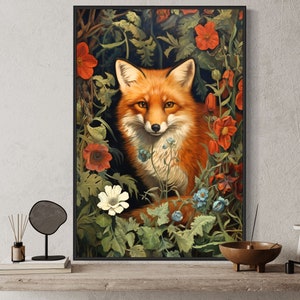 Fox In The Forest With Flowers Whimsical Moody Painting Canvas Print or Poster, Forestcore, Cottagecore Wall Art Framed Ready To Hang