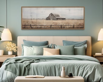 Rustic Farmhouse Wall Art - Old Barn Country Retro Painting Printed On Long Horizontal Canvas With or Without Frame Ready To Hang