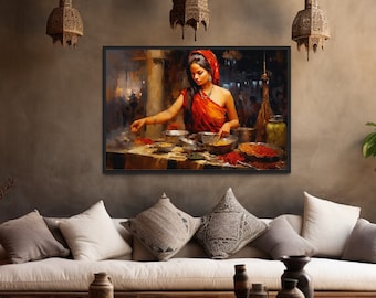 Indische Frau am Markt Gemälde Leinwand, indische Wandkunst, südasiatische Desi Kunst, indische Wanddekoration, gerahmt oder ungerahmt, fertig zum Aufhängen