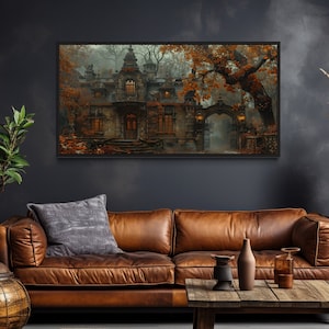 Halloween Wall Art, Gothic Haunted Victorian House In Autumn Fog Moody Painting Canvas PRINT, Dark Moody Wall Decor Framed Ready To Hang