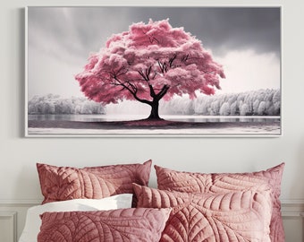 Pink Tree on Black White Background Extra Large Painting Canvas Print - Pink Wall Art Framed, Unframed, Ready To Hang