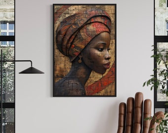 Mooie Afrikaanse vrouw kunst aan de muur, vrouw in tulband abstract schilderij canvas print, grote moderne woonkamer muur decor ingelijst klaar om op te hangen