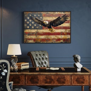 Águia americana e bandeira americana - Arte de parede - Pintura patriótica em tela, emoldurada ou sem moldura, pronta para pendurar