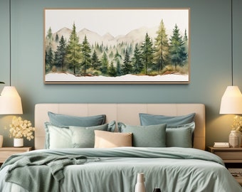 Framed Canvas Wall Art Sage Green Forest Mountain Landscape Canvas Print Minimalist Watercolor Nature Woodland Modern Art, Farmhouse Decor