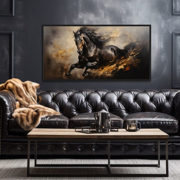 Très grande oeuvre d'art murale cheval noir, peinture sur toile étalon au galop, homme des cavernes, salle de jeux, oeuvre d'art pour chambre d'homme, encadré prêt à accrocher