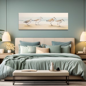 Beach House Wall Art, Sandpipers Walking On The Beach  Panoramic Painting Canvas Print, Lake House Decor, Framed Ready To Hang
