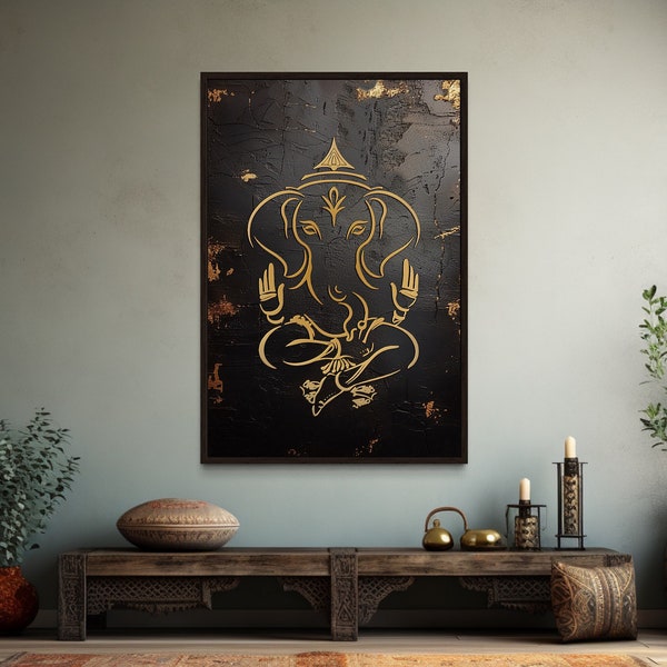 Minimalist Black Gold Ganesha Wall Art, Ganapati Abstract Painting Canvas Print, Indian Deity, Yoga Room Decor Framed  Ready To Hang