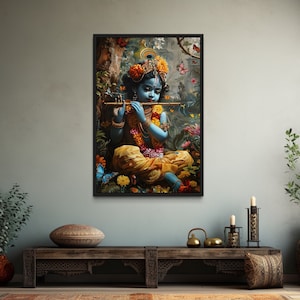 Baby Krishna In Vrindavan Forest Playing Flute For Butterflies Canvas PRINT, Indian Wall Art, Hindu Deity Wall Decor -  Framed Ready To Hang