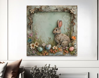 Easter Bunny Wall Art, Rustic Easter Rabbit With Eggs Painting Canvas Print, Farmhouse Wall Art, Easter Decor  Ready To Hang