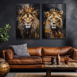 Set of 2 Lion King And Lioness Queen With Crowns Black Gold Painting Canvas Print - Romantic Couples Bedroom Wall Art Framed Ready To Hang