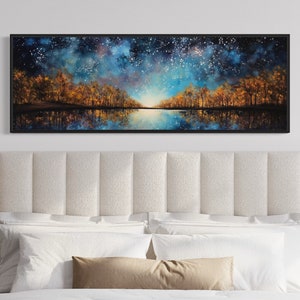 Starry Sky Over Autumn Forest And Lake  Night Sky Landscape Wall Art Panoramic Painting Printed On Long Horizontal Canvas Ready to Hang