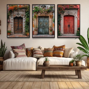 Set Of Three Mexican Wall Art, Colorful Mexican Doors Painting Canvas Print, Traditional Hacienda Architecture Wall Decor Ready To Hang