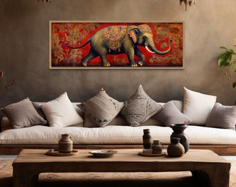 Indian Elephant Traditional Painting Canvas Print, Indian Wall Art Panoramic Horizontal Artwork, Red Colorful Wall Decor Ready To Hang