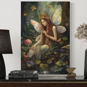 Beautiful Fairy In Enchanted Forest  Oil Painting - Girls Room Wall Art Printed on Vertical Canvas Framed or Unframed Ready To Hang