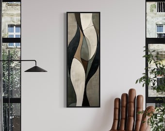 Tall Vertical Wall Art, Sage Green Brown Beige Long Earth Tones Mid Century Modern Painting Canvas Print, Living Room Slim Neutral Decor