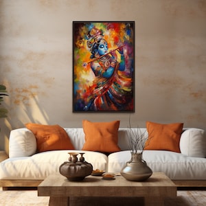 Lord Krishna Colorful Painting - Indian God Traditional Art Canvas Print - Hindu Deity Wall Art -  Framed Or Unframed Ready To Hang