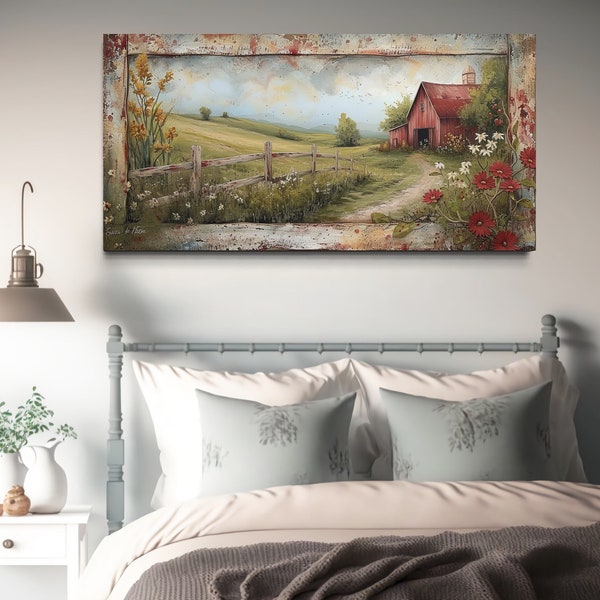 Rustic Farm Wall Art - Old Red Barn Field Landscape Painting Canvas Print, Rustic Chic Wall Decor Framed Ready To Hang