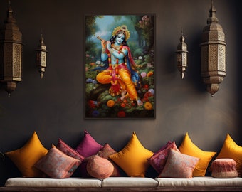 Lord Krishna Playing Flute in Vrindavan Forest Colorful Painting Canvas Print - Indian Deity Wall Art -  Framed Or Unframed Ready To Hang