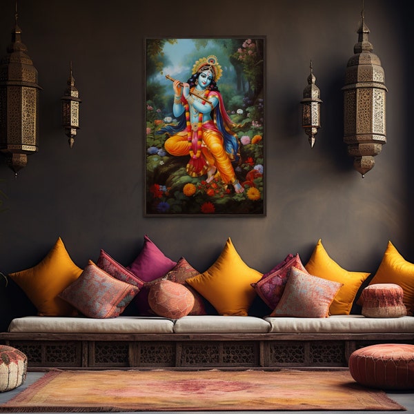 Lord Krishna Playing Flute in Vrindavan Forest Colorful Painting Canvas Print - Indian Deity Wall Art -  Framed Or Unframed Ready To Hang