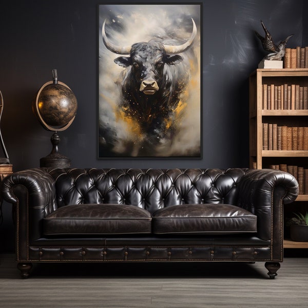 Black Bull Wall Art, Ox Abstract Painting Extra Large Canvas Print, Framed Or Unframed Ready To Hang