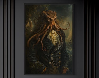 Gothic Kraken Painting Canvas PRINT, Dark Academia Retro Victorian Kraken Wall Art Spooky Halloween Decor Framed Ready To Hang