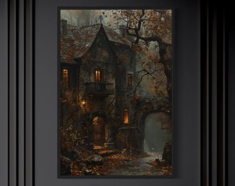 Haunted Victorian House Painting Canvas Print, Gothic Wall Art, Halloween Wall Art, Dark Academia Moody Decor Framed Ready To Hang