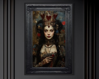 Gothic Queen of Hearts In Wonderland Painting Canvas Print, Dark Academia Wall Art Spooky Halloween Decor Framed Unframed Ready To Hang