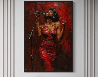 Jazz-Wandkunst, afroamerikanische Frau, Jazz-Sängerin im roten Kleid, Gemälde auf Leinwand, Musik-Raumdekoration, Geschenk für Musiker, gerahmt, fertig zum Aufhängen