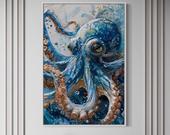 Octopus Wandkunst, blaue Meerestiermalerei Leinwanddruck, Badezimmerwanddekor, Küstenwandkunst gerahmt, fertig zum Aufhängen