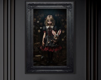 Gothic Alice In Wonderland Painting Canvas PRINT, Dark Academia Wall Art Spooky Halloween Decor Framed Unframed Ready To Hang