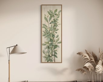 Arte de pared alto y estrecho retro hojas verdes salvia pintura lienzo impresión, obra de arte de pared botánica retro vertical larga lista para colgar