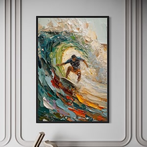 Surfer Riding A Wave Wall Art, Surfing Abstract Colorful Painting Canvas PRINT, Adventure Sports Wall Decor Framed Ready To Hang