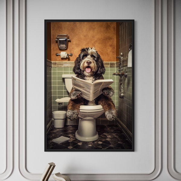 Bernedoodle Dog On The Toilet Reading Newspaper, Funny Bathroom Art, Toilet Humor Animal Canvas Print Framed Ready To Hang