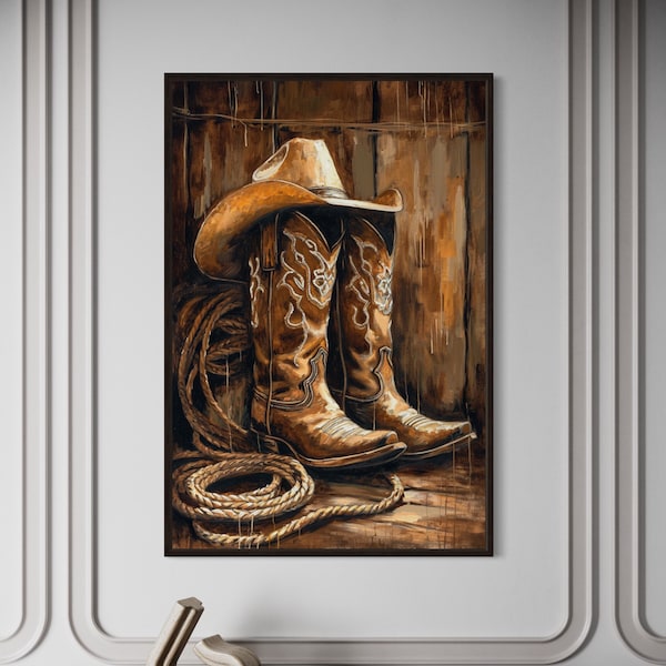 Cowboy Boots And Hat Wall Art, Western Wall Decor, Texas Wall Art, Manly Painting Canvas Print Framed Ready To Hang