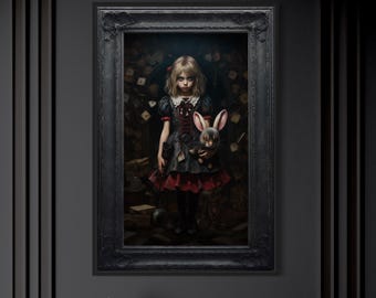 Gothic Alice In Wonderland Painting Canvas PRINT, Dark Academia Wall Art Spooky Halloween Decor Framed Unframed Ready To Hang