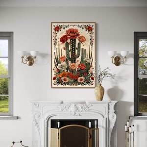 Mexican Cactus Wall Art, Cactus In Bloom Painting Canvas PRINT, Southwestern Wall Decor Framed Ready To Hang