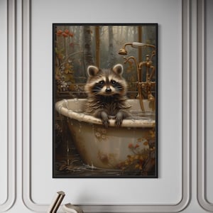 Raccoon in the Bath Tub Painting Canvas Print, Bathroom Wall Art, Kids ...