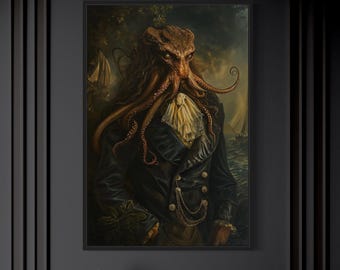 Gothic Kraken Painting Canvas PRINT, Dark Academia Retro Victorian Kraken Wall Art Spooky Halloween Decor Framed Ready To Hang