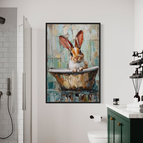 Cute Rabbit In The Bath Tub Painting Canvas Print, Bathroom Bunny Wall Art, Kids Room Decor, Framed Unframed Ready To Hang