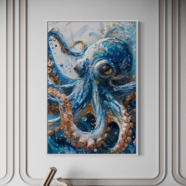 Octopus Wall Art, Blue Marine Animal Painting Canvas Print, Bathroom Wall Decor, Coastal Wall Art Framed Ready To Hang